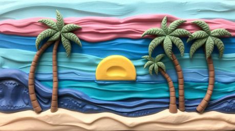 This sculpted clay artwork captures the essence of a tropical beach sunset, utilizing a cool color palette of blues, greens, 