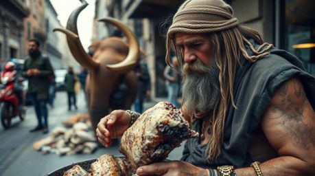 Capture the unexpected with this extreme macro close-up candid street photography scene of a caveman skillfully cooking mammo