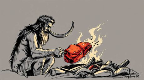 Explore a high contrast, low-key lighting, hand-drawn sketch depicting a caveman cooking mammoth meat. This color sketchnote 