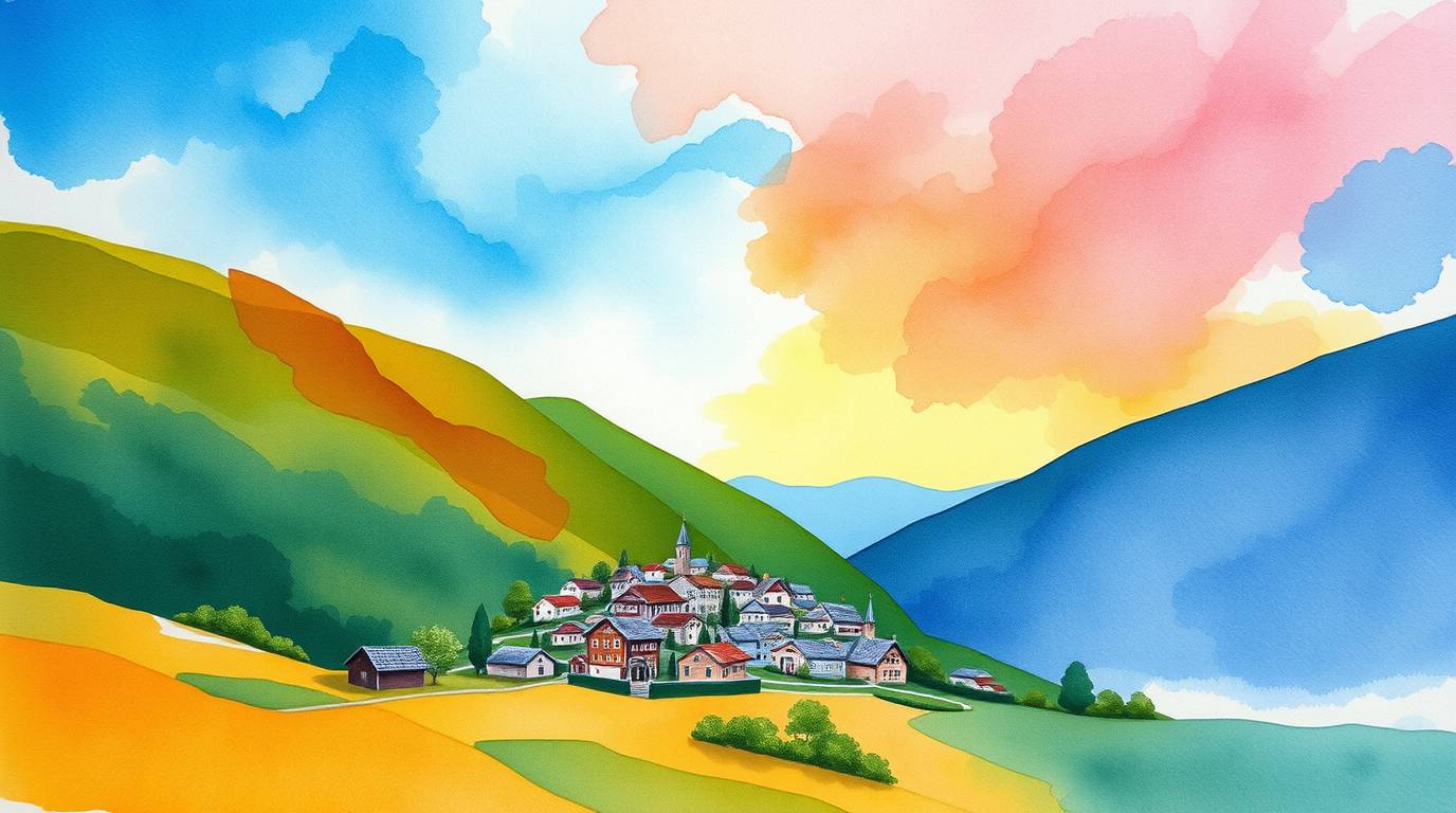 Capture the serene beauty of a cozy village nestled in a valley beneath a vibrant sky with this delicate watercolor painting.