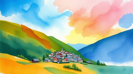 Capture the serene beauty of a cozy village nestled in a valley beneath a vibrant sky with this delicate watercolor painting.