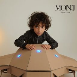 Discover exquisite high-fashion photography of a boy building a giant, intricately detailed cardboard spaceship.  Shot in a m