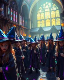 Discover a captivating magical school brimming with young wizards, vibrant iridescent colors, and a shimmering, magical atmos