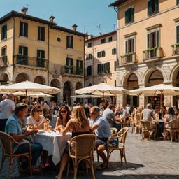 Immerse yourself in the vibrant atmosphere of a bustling Italian piazza, where historic stone buildings provide a stunning ba