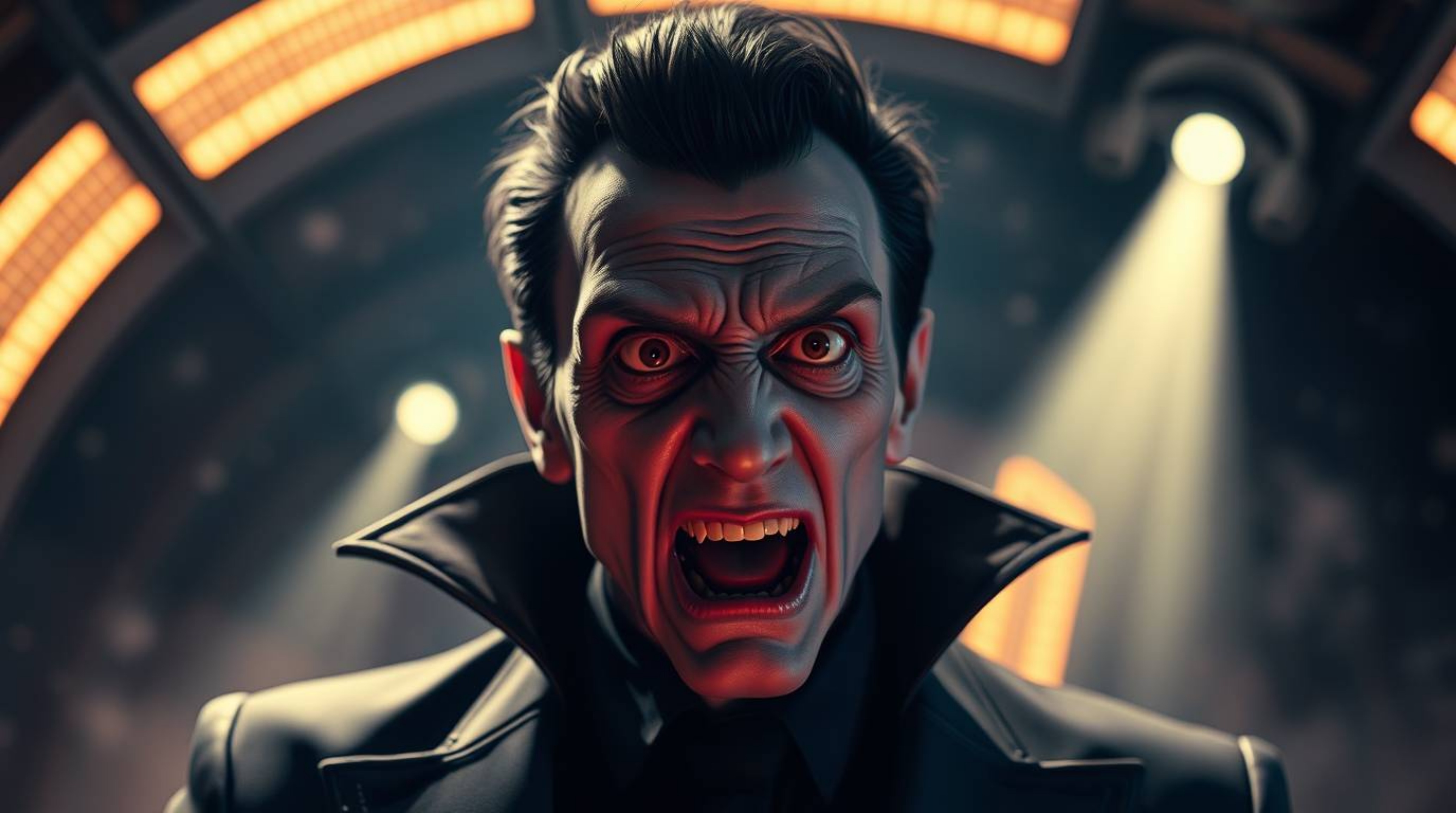 A pale-skinned villain with wide eyes experiences a humorous breakdown in a high-tech lair bathed in volumetric lighting.  Th
