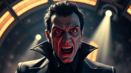 A pale-skinned villain with wide eyes experiences a humorous breakdown in a high-tech lair bathed in volumetric lighting.  Th