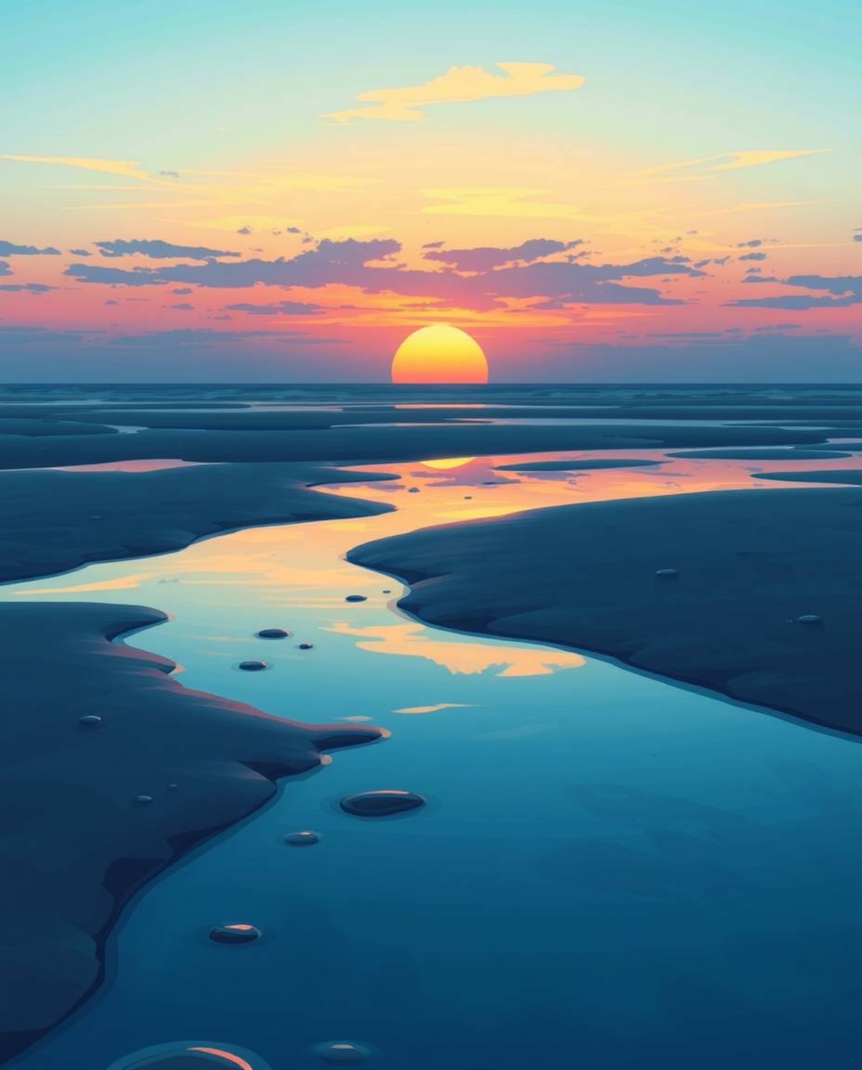 A digital illustration captures a sunset sky mirrored in the tidal pools on a beach, rendered in a striking palette of cool b