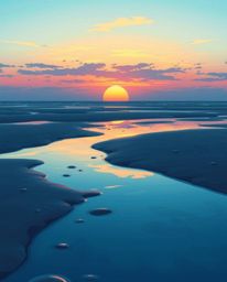 A digital illustration captures a sunset sky mirrored in the tidal pools on a beach, rendered in a striking palette of cool b