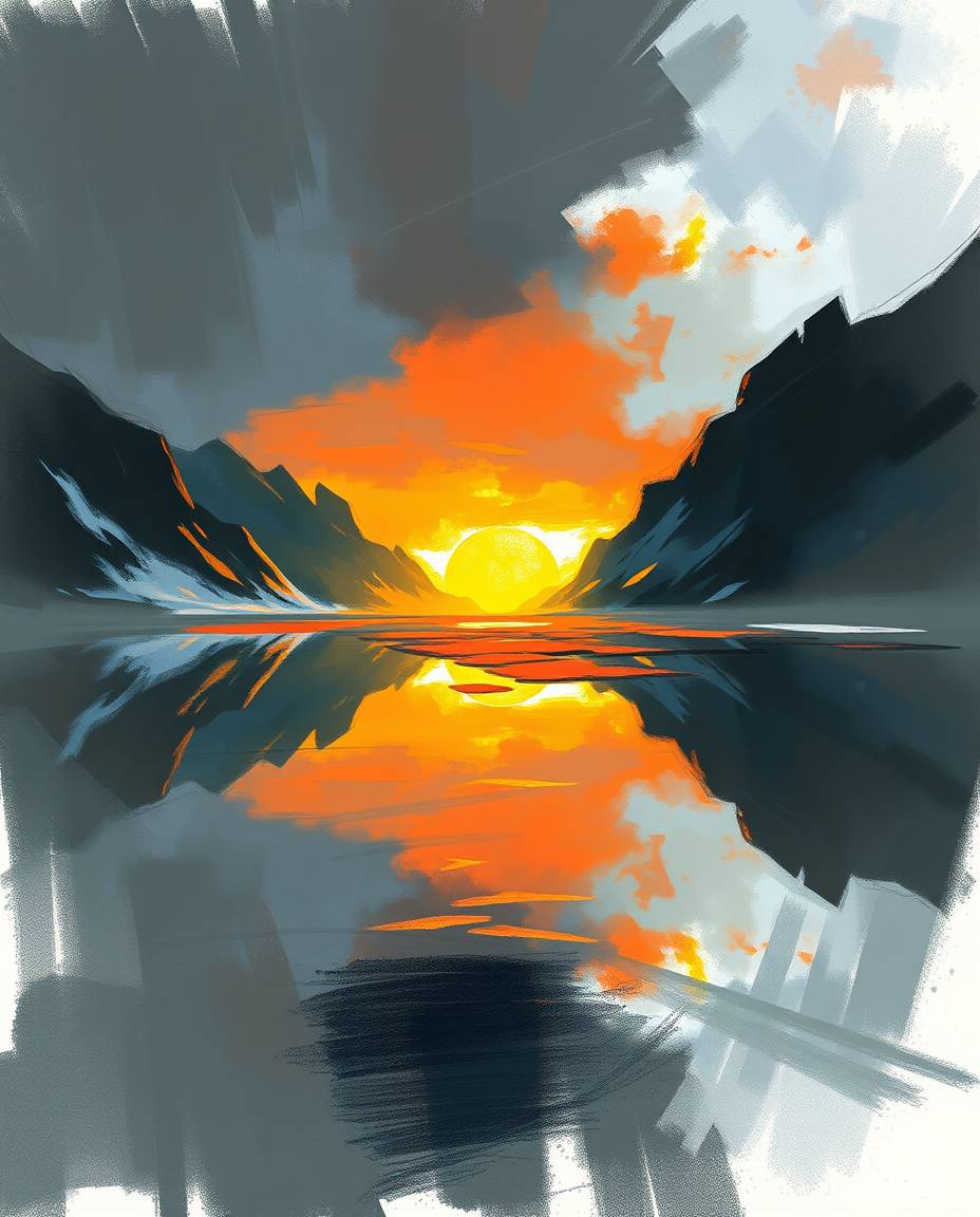 A dynamic digital sketch of a glassy fjord reflecting a sunset, created using loose painterly strokes and epic, complementary