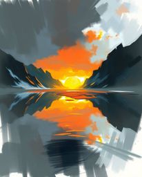 A dynamic digital sketch of a glassy fjord reflecting a sunset, created using loose painterly strokes and epic, complementary