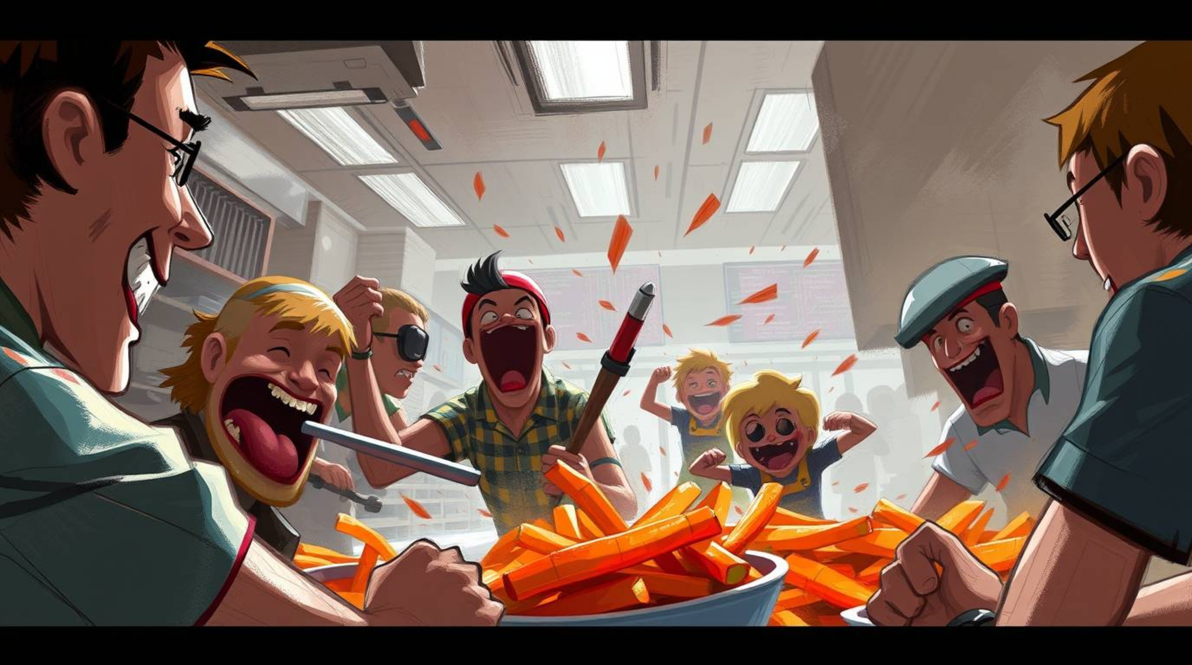 A vibrant digital sketch depicts a chaotic cartoon cafeteria food fight.  The extreme close-up showcases loose, painterly str