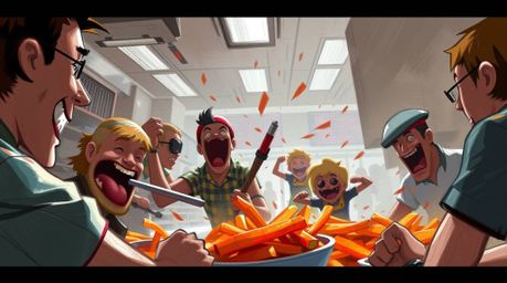 A vibrant digital sketch depicts a chaotic cartoon cafeteria food fight.  The extreme close-up showcases loose, painterly str