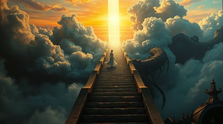 A dreamlike surreal painting depicting a lone figure with refined features gracefully ascending a stone staircase into a divi
