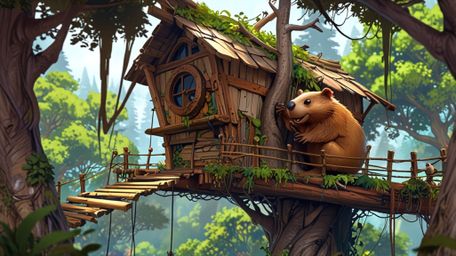 In a whimsical scene blending the styles of Pixar and anime, a beaver is captured building the perfect treehouse for orphaned
