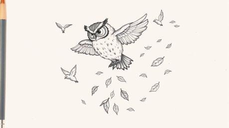A captivating hand-drawn sketch on a white background depicts a unique scene: a blind owl, rendered in Pixar style, gently sp