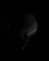 A high-contrast image capturing a child with dark skin venturing into a cave, guided by faintly glowing footsteps. Rendered i