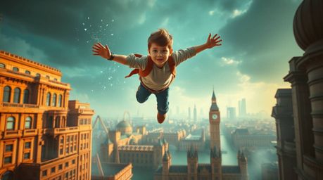 A young boy, empowered by pixie dust, soars heroically above a futuristic London skyline. This grand, epic scene features a m