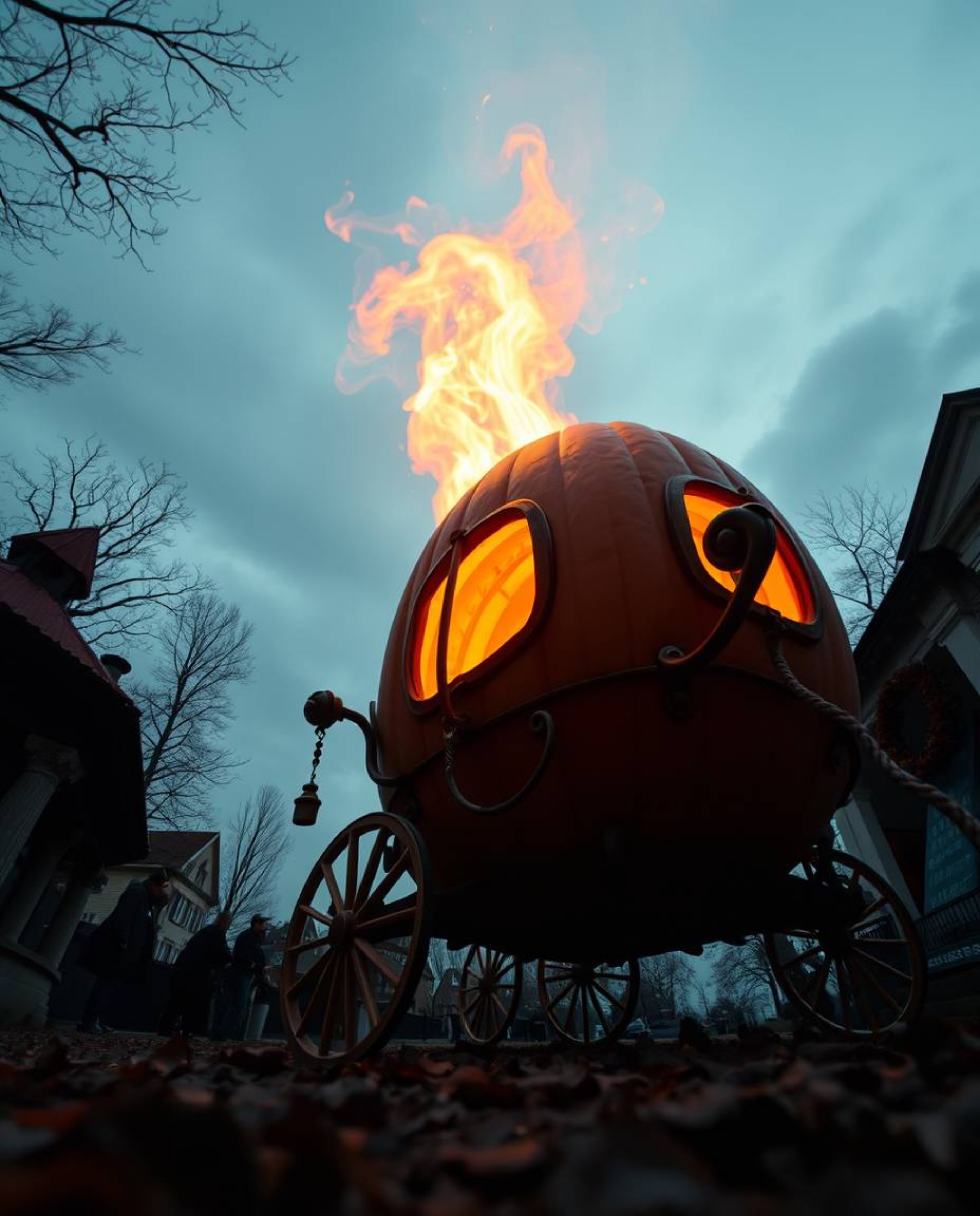 Witness the enchanting transformation of a humble pumpkin into a majestic carriage! This low-angle shot captures the dramatic