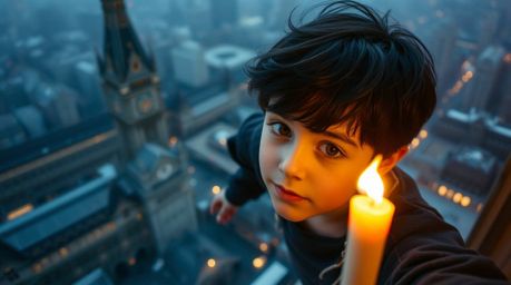 A young boy with dark hair is captured from a high angle, soaring above London fueled by pixie dust. The scene is bathed in t