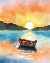 A delicate watercolor painting depicts a cute, charming boat adrift on a sunset lake. The artwork is skillfully rendered with