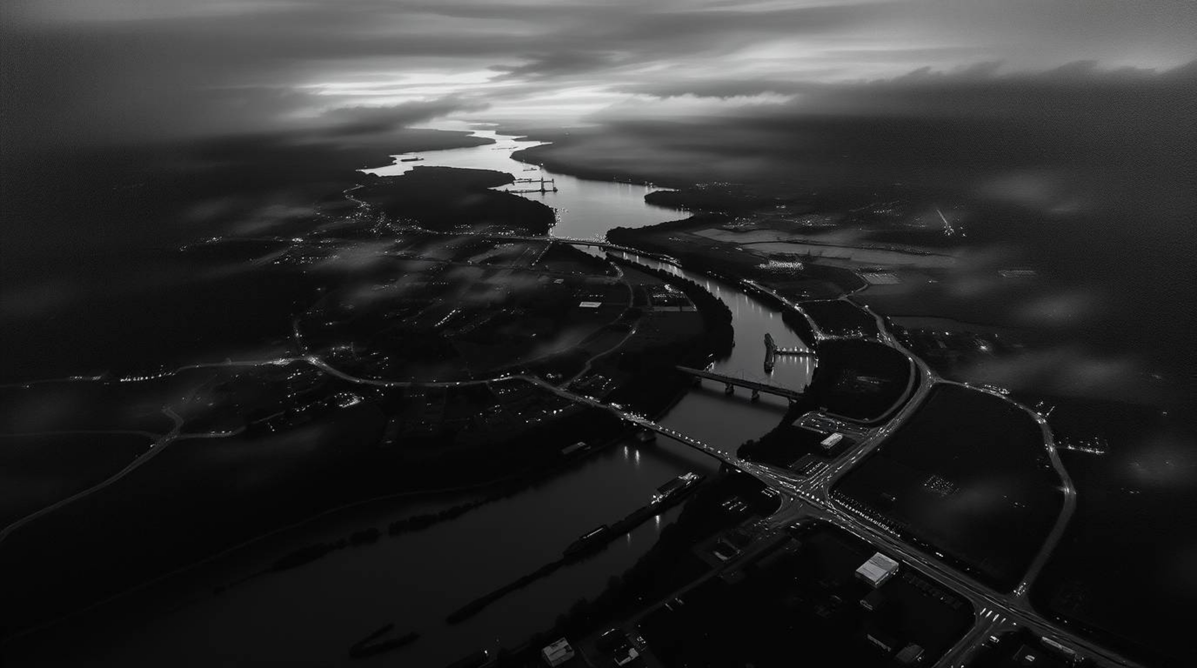 Explore a classic black and white oil painting depicting a river delta glowing in the twilight. This overhead bird's eye view