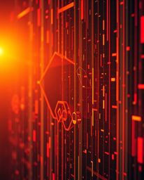 A captivating close-up reveals glitched geometric shapes bathed in the warm glow of a golden hour cyberspace matrix.  The det