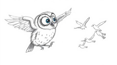 A heartwarming hand-drawn sketch, reminiscent of Pixar animation, portrays a blind owl with incredibly soft and feathery deta