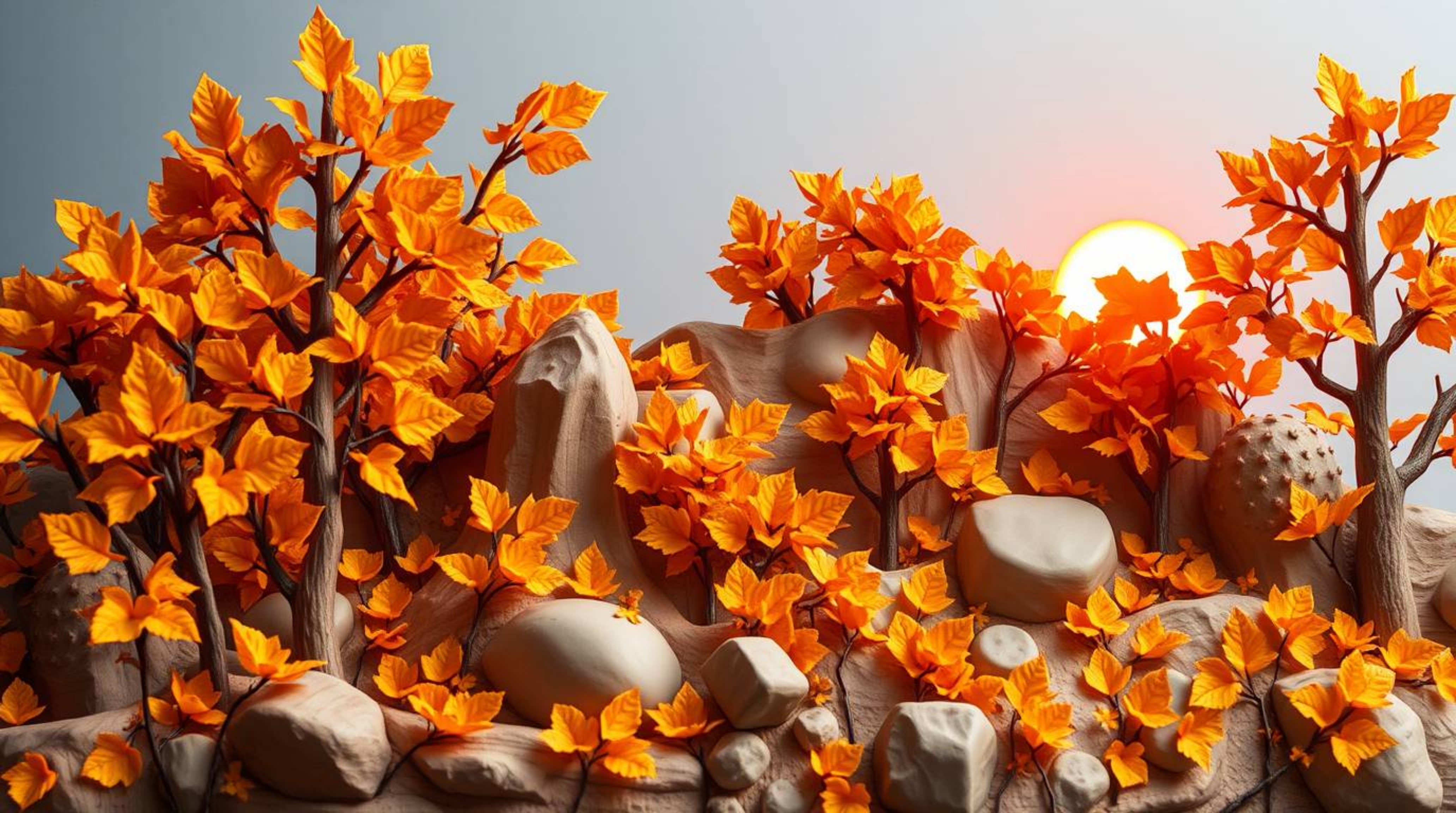 Immerse yourself in the captivating beauty of this sculptural clay artwork depicting an autumn forest bathed in the golden li