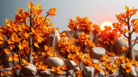 Immerse yourself in the captivating beauty of this sculptural clay artwork depicting an autumn forest bathed in the golden li