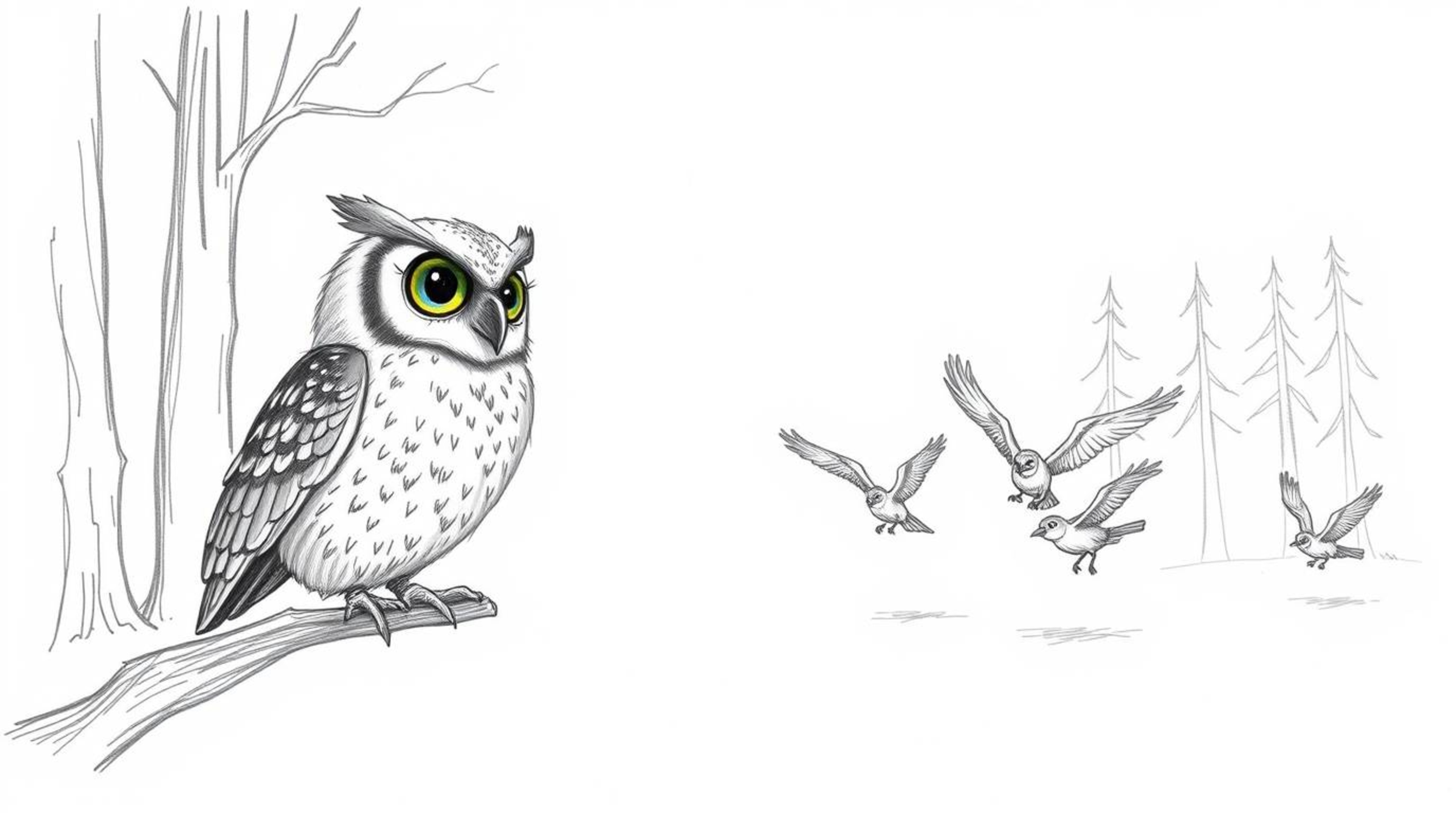 A heartwarming hand-drawn sketch in the style of Pixar depicts a wise, blind owl patiently guiding a flock of birds through f