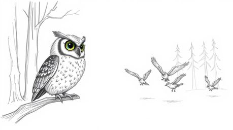 A heartwarming hand-drawn sketch in the style of Pixar depicts a wise, blind owl patiently guiding a flock of birds through f