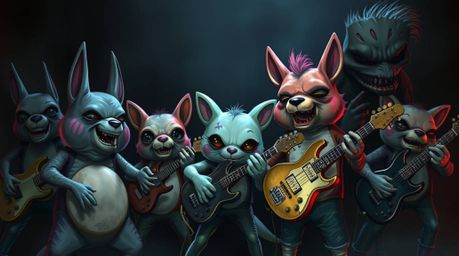 Experience a unique blend of cartoon animals rocking out with eerie iridescent colors and dark tones, creating an unsettling 