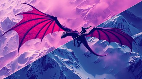 Experience the thrill of a dragon and rider soaring high above the icy mountains in this stunning high-angle, split-compositi