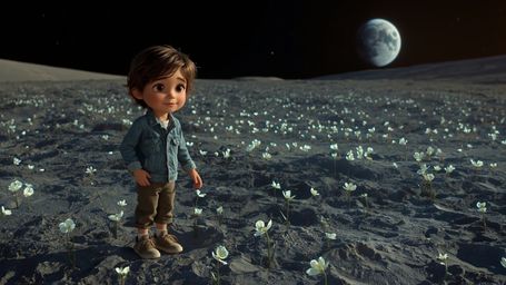 Step into a heartwarming, cinematic scene reminiscent of Pixar's magic. A curious, freckled-faced kid with a beaming smile st