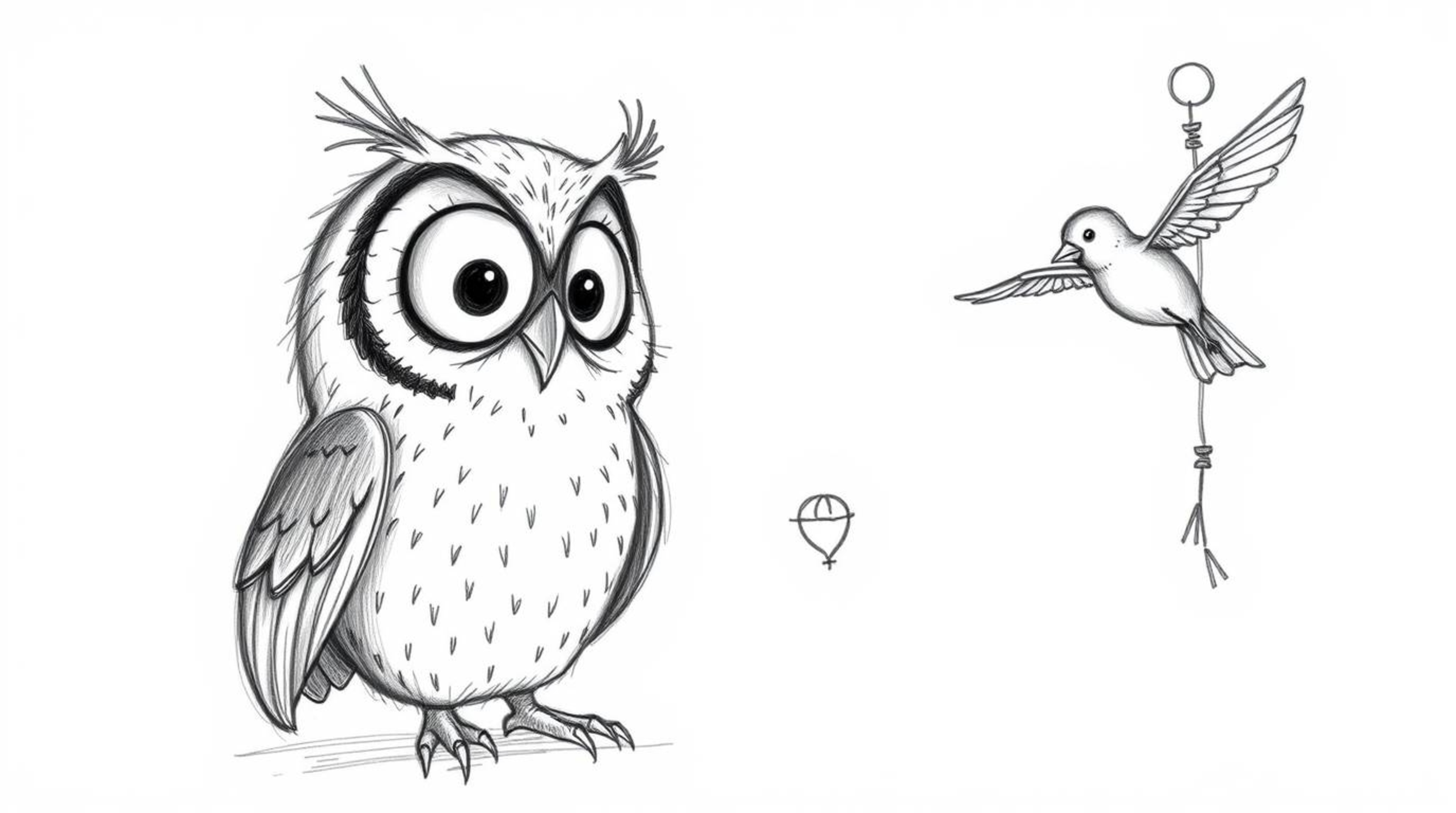 A heartwarming hand-drawn sketch in the style of Pixar depicts a gentle, blind owl with soft, rounded features patiently teac