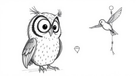 A heartwarming hand-drawn sketch in the style of Pixar depicts a gentle, blind owl with soft, rounded features patiently teac