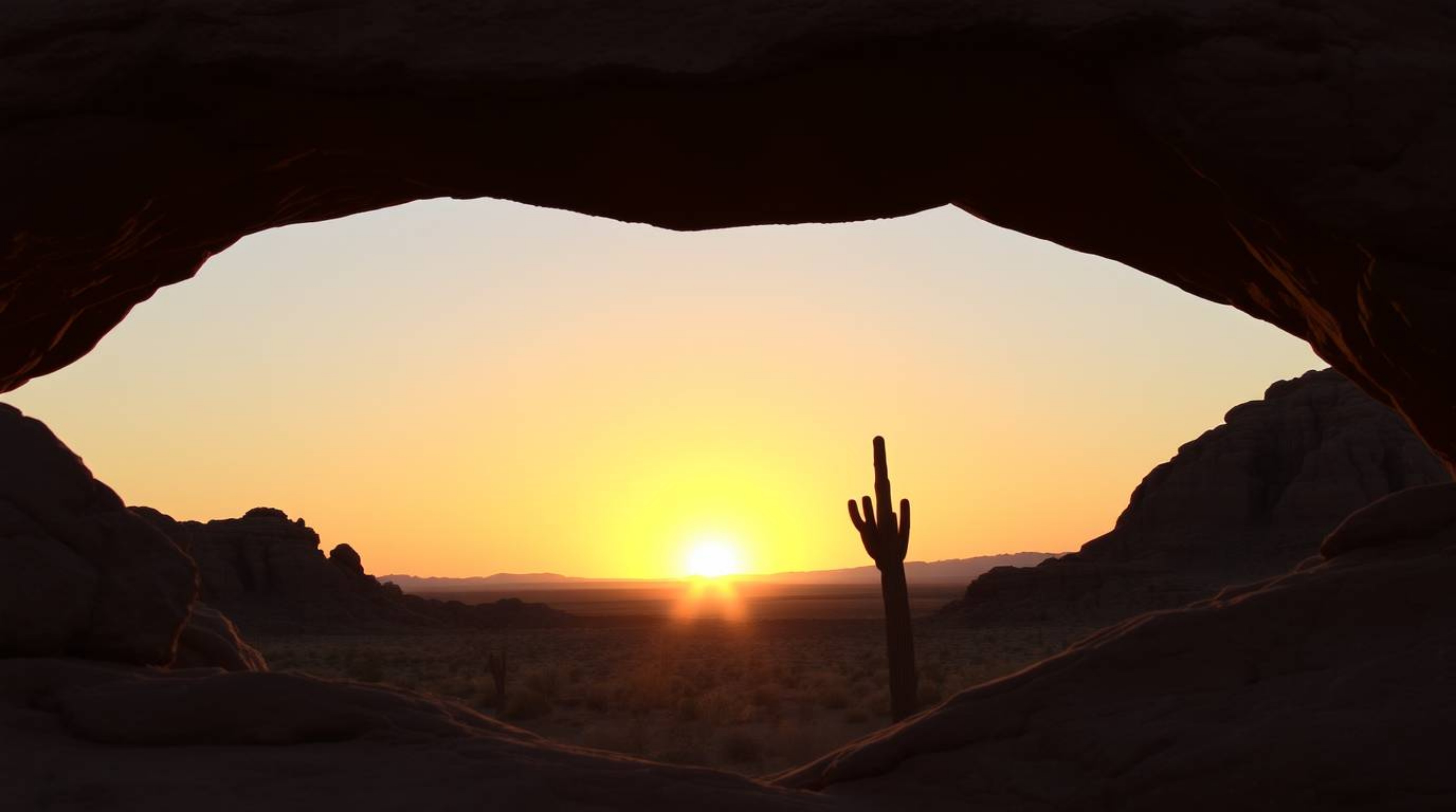 A breathtaking bronze sculpture capturing a desert sunset as viewed through a natural rock arch. Bathed in the warm, golden h
