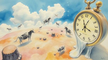 A captivating high-angle watercolor painting depicts a surreal dreamscape.  Melting clocks and floating cows drift within a s