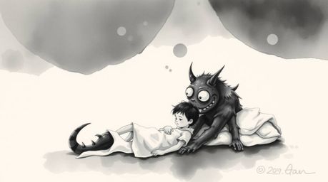 A delicate black and white watercolor painting depicts a heartwarming scene: a monster under the bed forming an unlikely frie