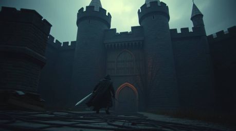 A dramatic, film-like portrayal of a thief infiltrating a heavily guarded castle. Emphasizing cinematic composition, dynamic 