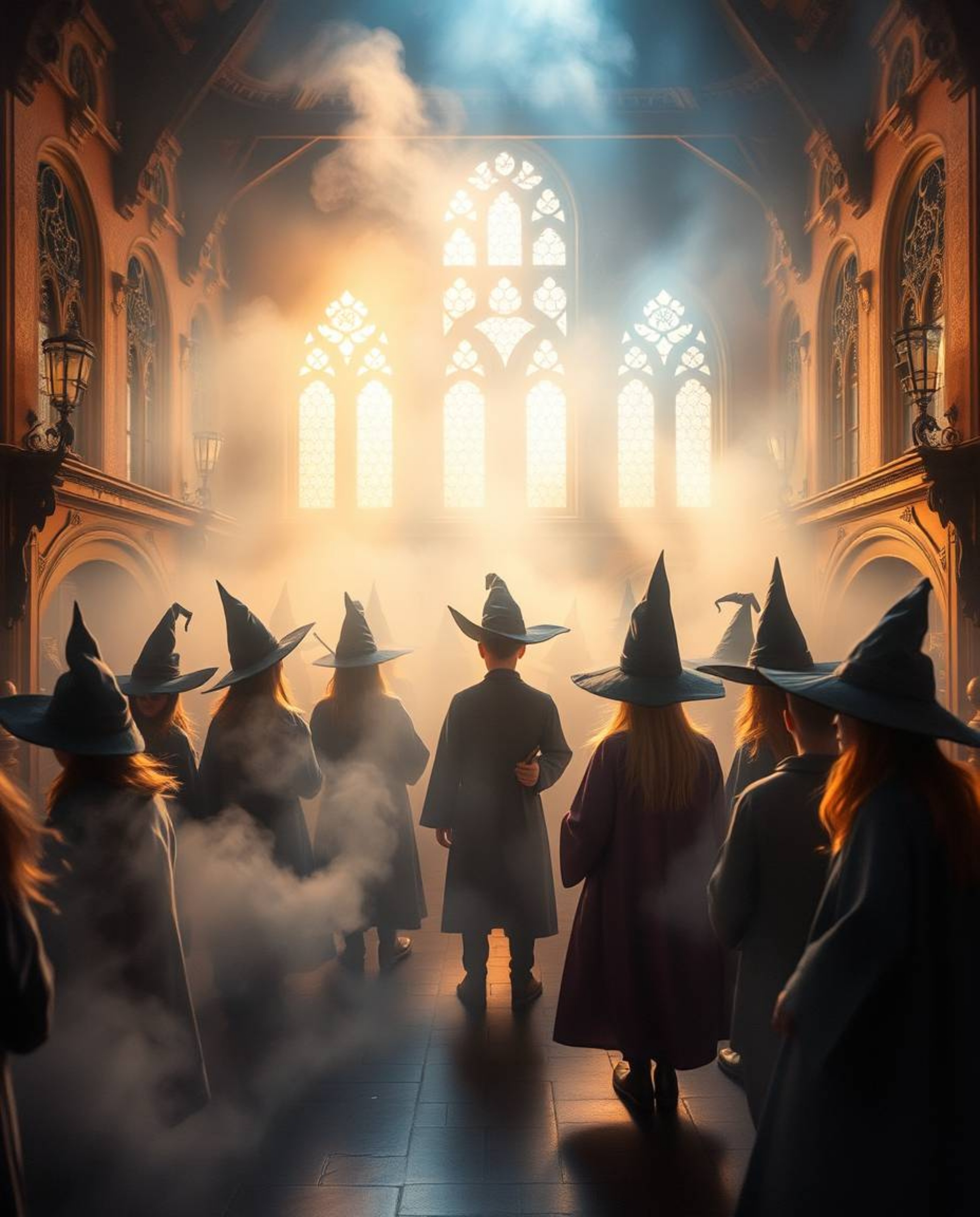 Enter a magical school teeming with young wizards, where a soft, dreamy atmosphere pervades. Hazy, soft light dances across t