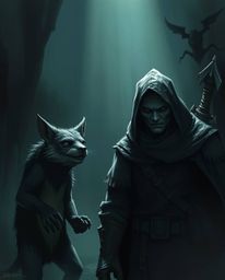 A dark and atmospheric scene unfolds, featuring a grim-faced hero accompanied by a talking animal sidekick with sharp feature