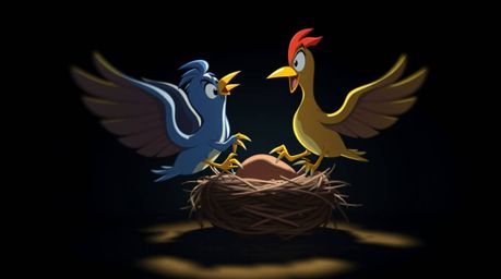 Two cartoon birds are dynamically building a nest in a classic animation style, enhanced by high-contrast, low-key lighting w