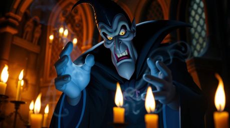 A captivating close-up reveals a classic Disney villain casting a mesmerizing spell within the warm glow of candlelight in an