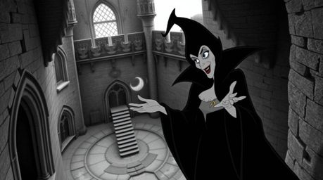 A timeless and elegant depiction of a classic Disney villain, cloaked in dark attire, as they cast a powerful spell within th