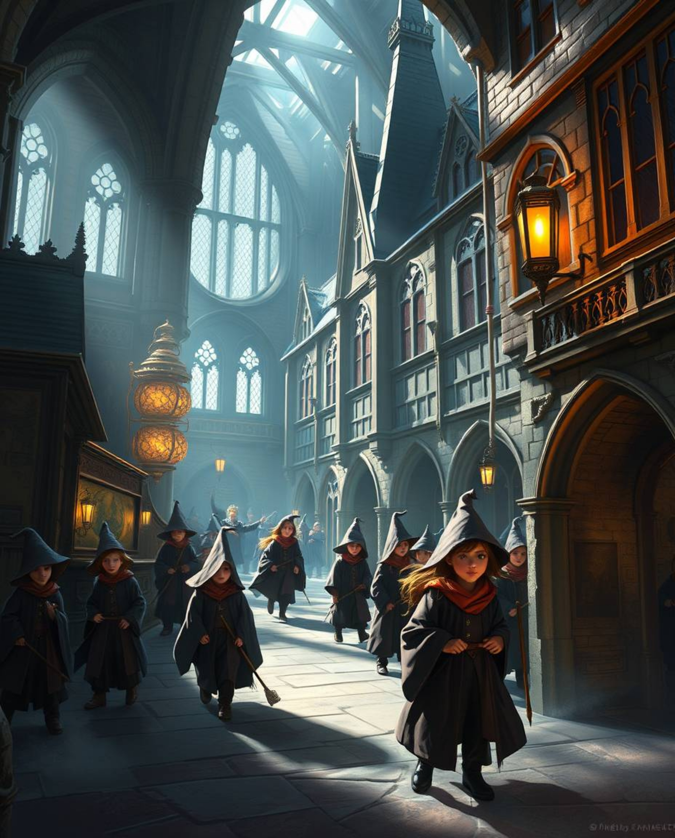 Explore a captivating magical school brimming with young wizards, brought to life with strong, hard light that casts dramatic