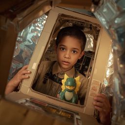 Exquisite high-fashion photography captures a young boy with bright, curious eyes building an intricately designed cardboard 