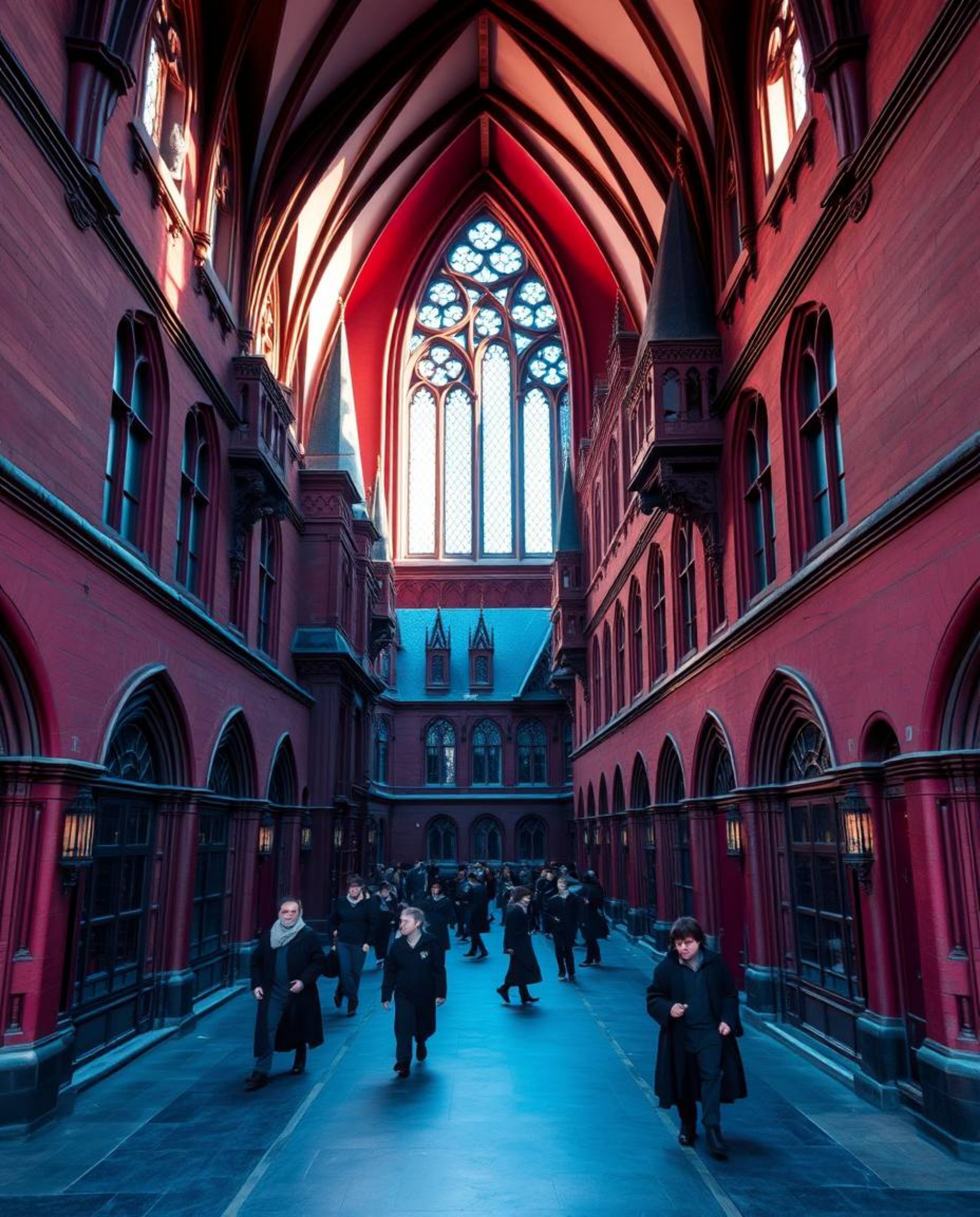 Capture the enchanting essence of a magical school filled with young wizards in this rich burgundy and deep blue architectura
