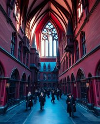 Capture the enchanting essence of a magical school filled with young wizards in this rich burgundy and deep blue architectura