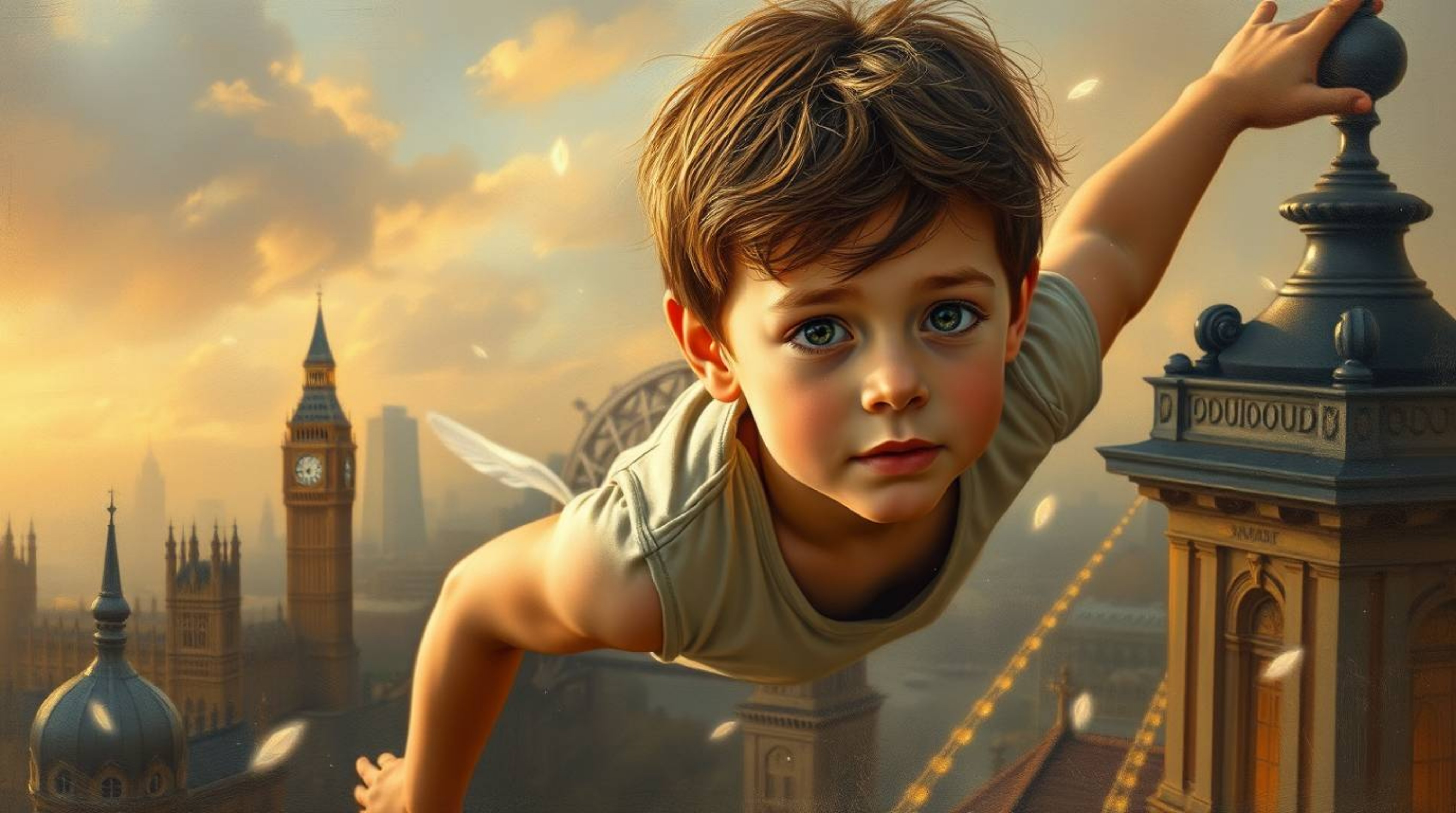 A captivating scene unfolds depicting a young boy with light skin soaring above the iconic London skyline, bathed in the soft